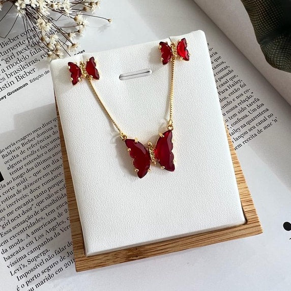 Conjunto Colar e Brinco Borboleta Vermelha Zircônia