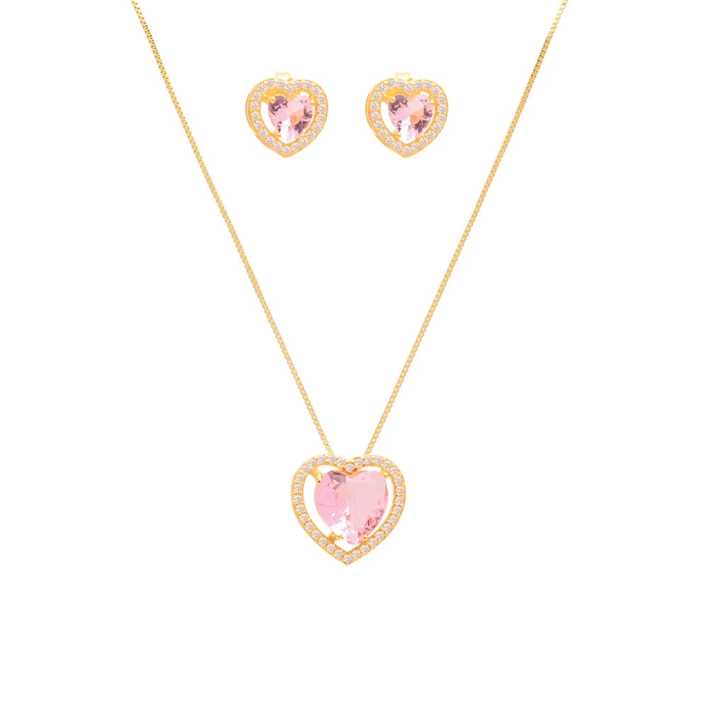 Conjunto Coração Pedra Rosa