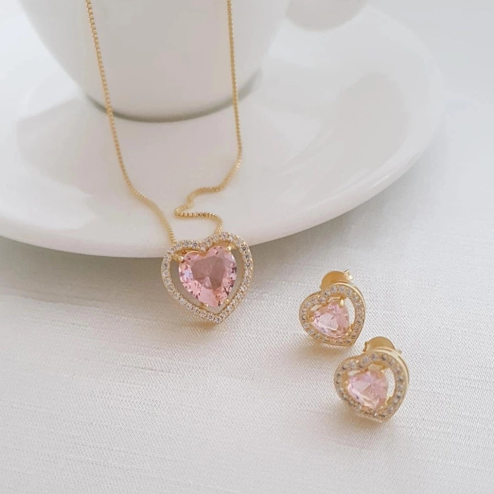 Conjunto Coração Pedra Rosa